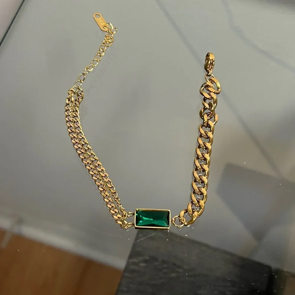 The Champion Bracelet 18K Gold Plated Link Chain w/ Green Gemstone